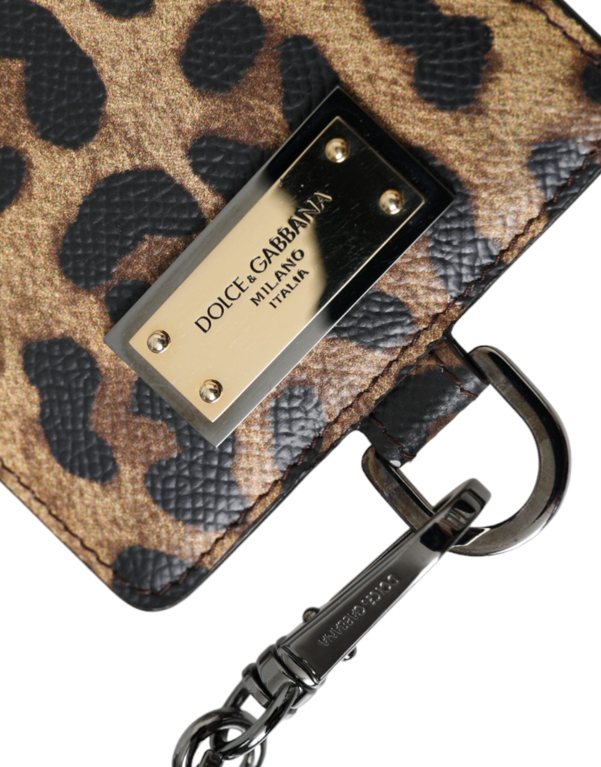 Dolce & Gabbana Kahverengi Deri Leopar Desenli Logo Plakalı Kartlık Cüzdan
